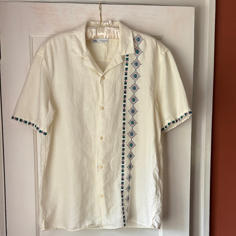 Zara Cream Shirt with Blue Embroidery